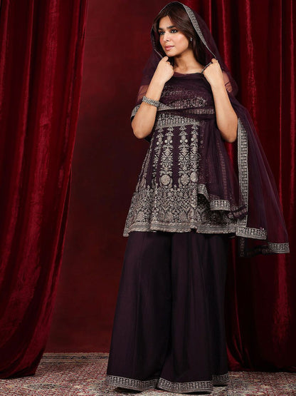 Dhiyona LL Sequinnce Embellished Scoop Neck Straight Kurta with Palazzo & Dupatta
