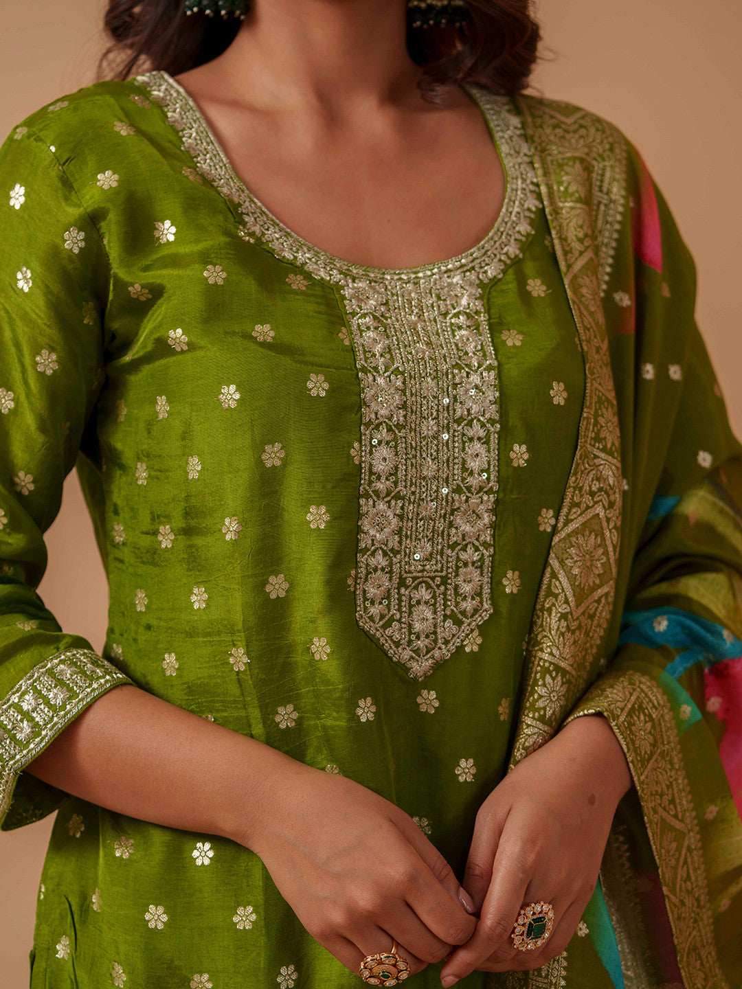 Floral Embroidered Kurta With Trousers & Dupatta