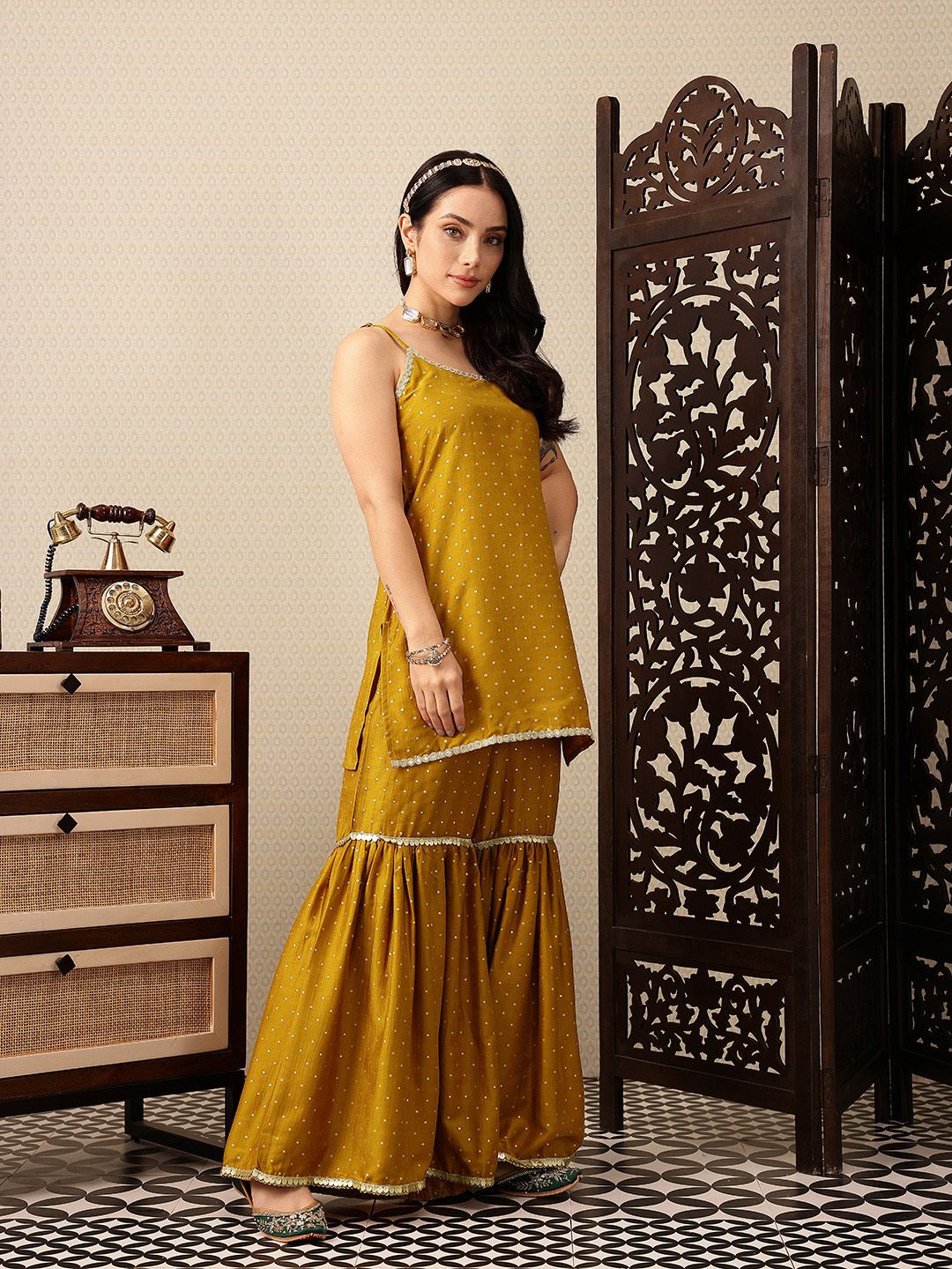 Dhiyona HOP Polka Dotted Sequinned Jashn Kurti with Sharara & With Dupatta