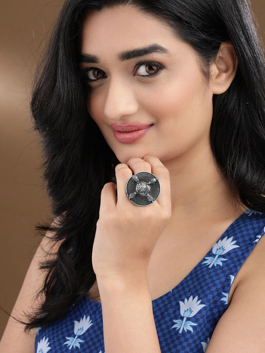 Dhiyona RJ Women's Elegant Design Oxidized Beautiful Antique Silver Plated Adjustable Finger Ring