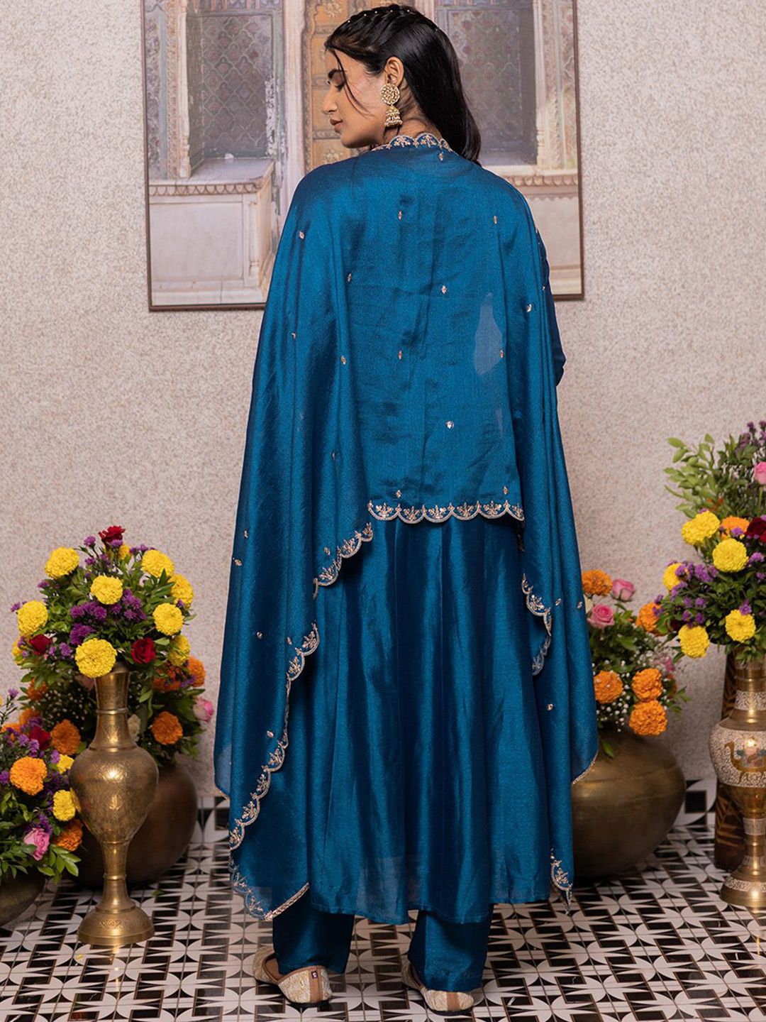 Dhiyona CH Women Floral Embroidered A-Line Kurta with Trousers & Dupatta
