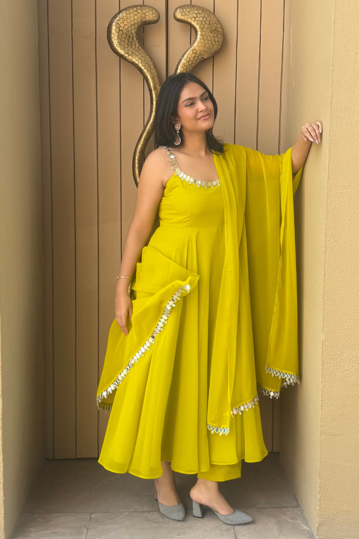 Dhiyona ST 3 pc Suit Set -Lime Green Mirror Edge Georgette Sleeveless Anarkali with Dupatta and Pants