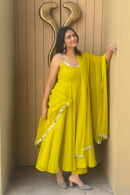 Dhiyona ST 3 pc Suit Set -Lime Green Mirror Edge Georgette Sleeveless Anarkali with Dupatta and Pants