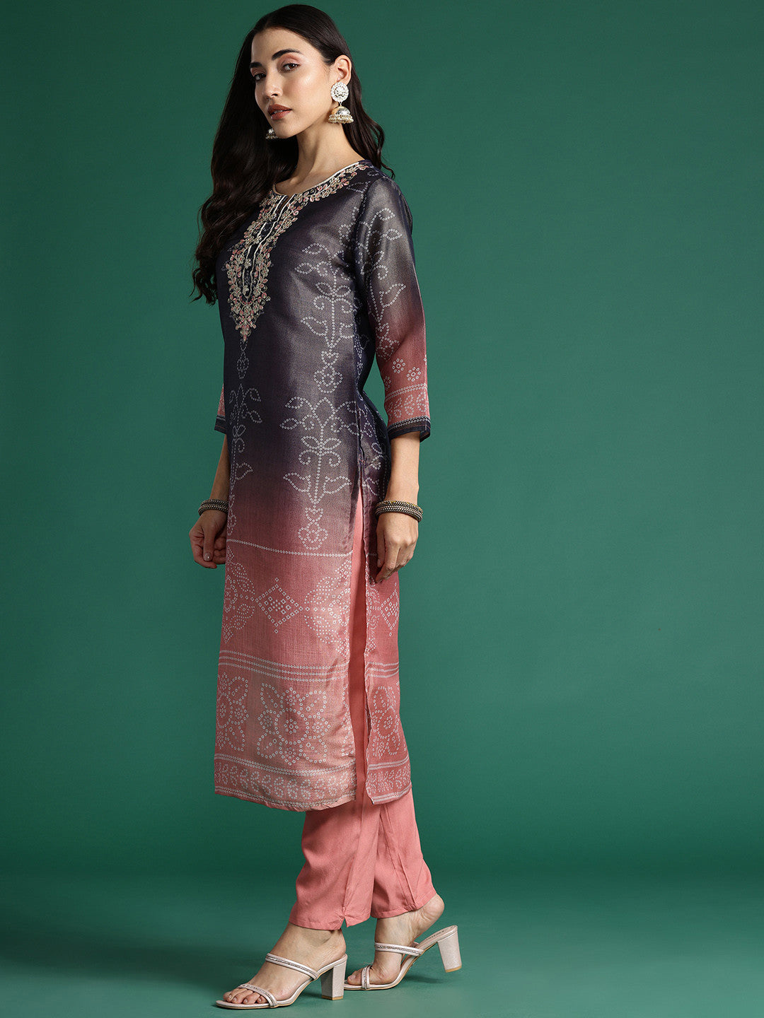 Bandhani Printed Thread Work Kurta with Trousers & With Dupatta
