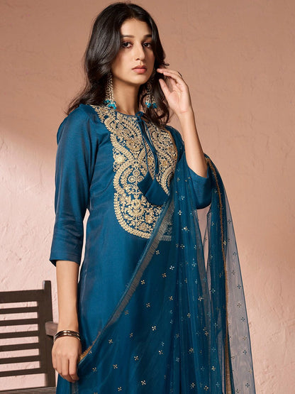 Dhiyona IN Floral Yoke Design Regular Pure Silk Kurta with Palazzos & Dupatta