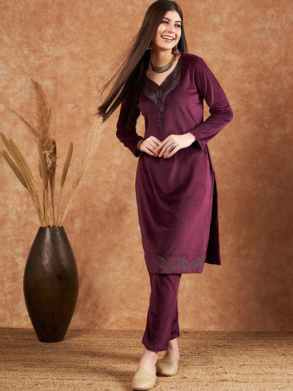 Beads and Stones Embellished Winter Velvet Straight Kurta & Trousers