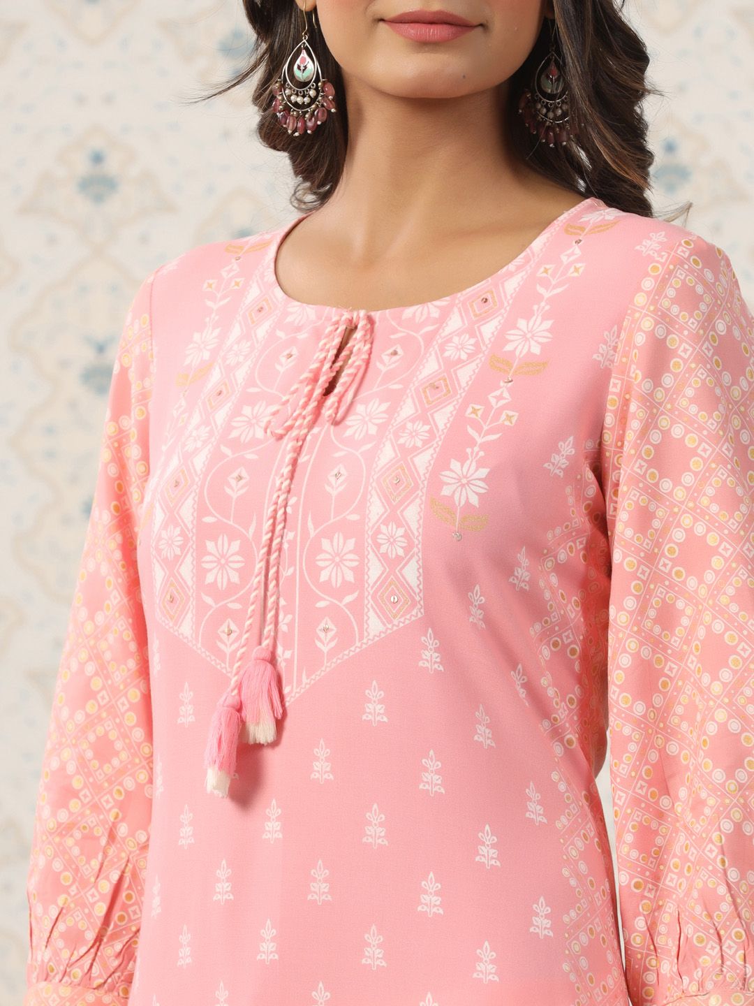 Dhiyona OD  Ethnic Motif Printed Tie Up Neck A-Line Kurta With Trousers