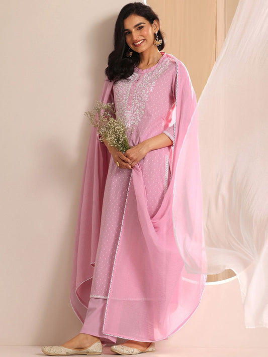 Floral Woven Design Thread Work Band Collar Straight Kurta With Trousers And Dupatta