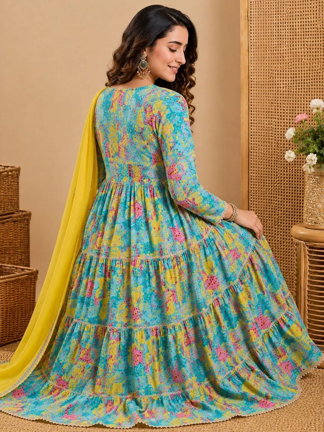 Printed Mirror Work Anarkali Kurta Set With Tasseled Dupatta