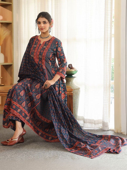 Dhiyona RR Women's Ethnic Motifs Printed Pleated Pure Cotton Kurta with Trousers & With Dupatta