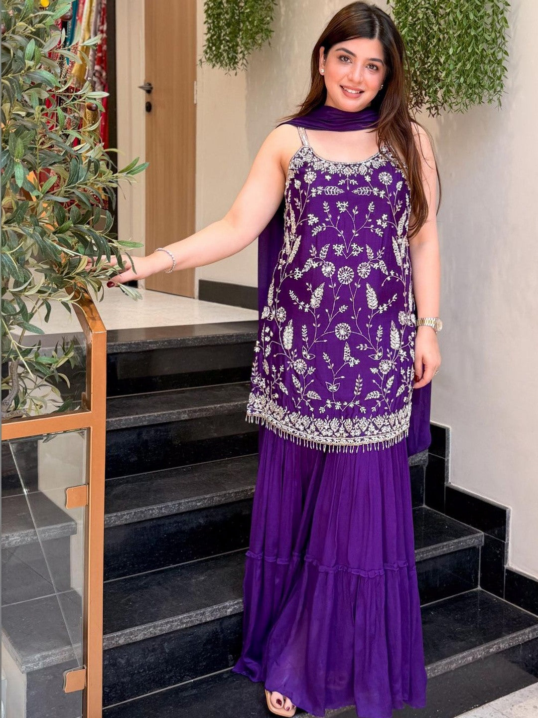 Women Ethnic Motifs Embroidered Regular Thread Work Kurta with Sharara & With Dupatta