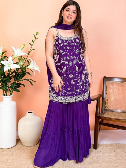Women Floral Embroidered Regular Thread Work Silk Chiffon Kurta with Sharara & With Dupatta