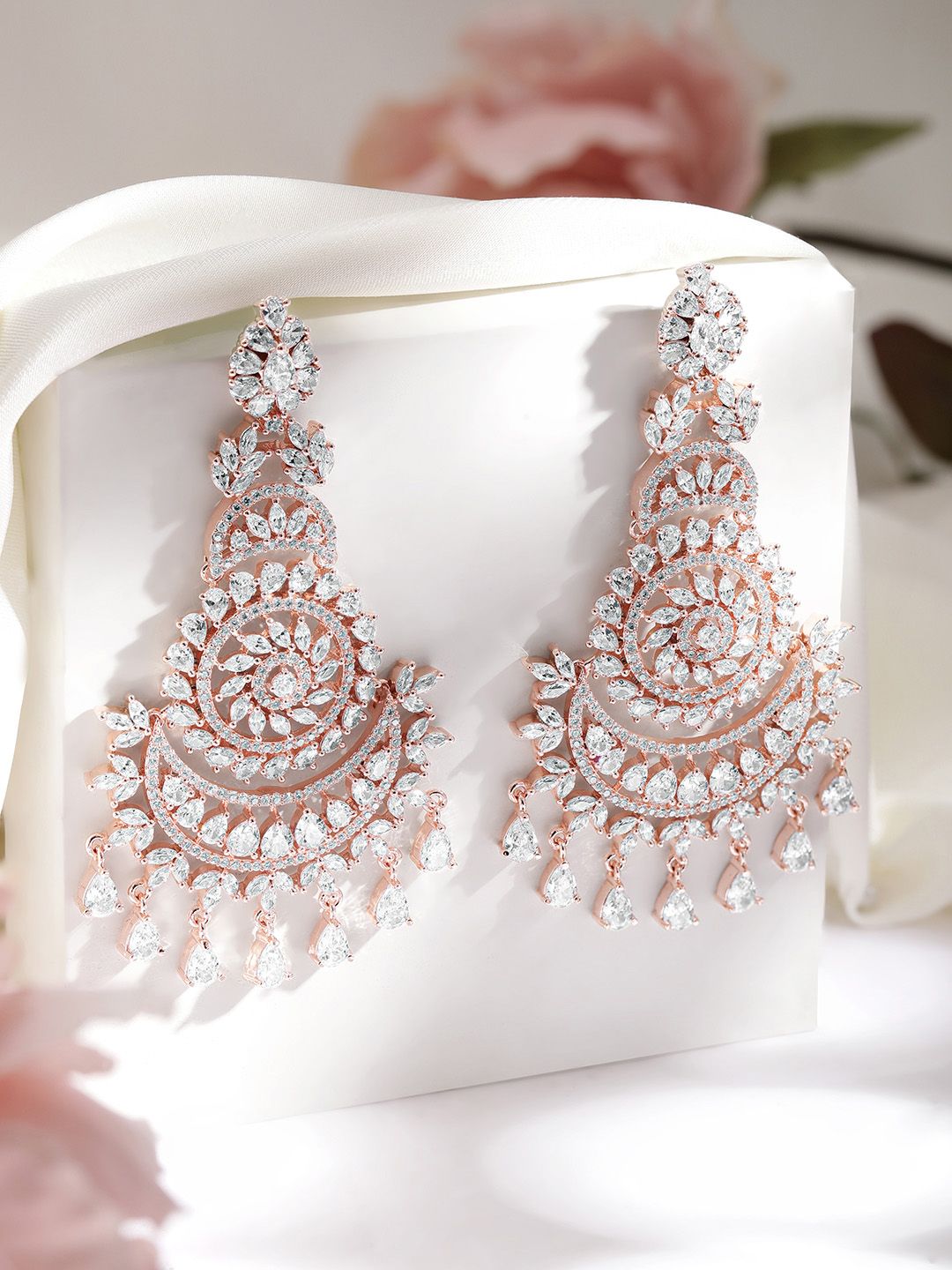 Dhiyona RJ Women's 22k Rose Gold Plated AAA Crystal Cubic Zirconia Studded Premium Chandelier Earrings