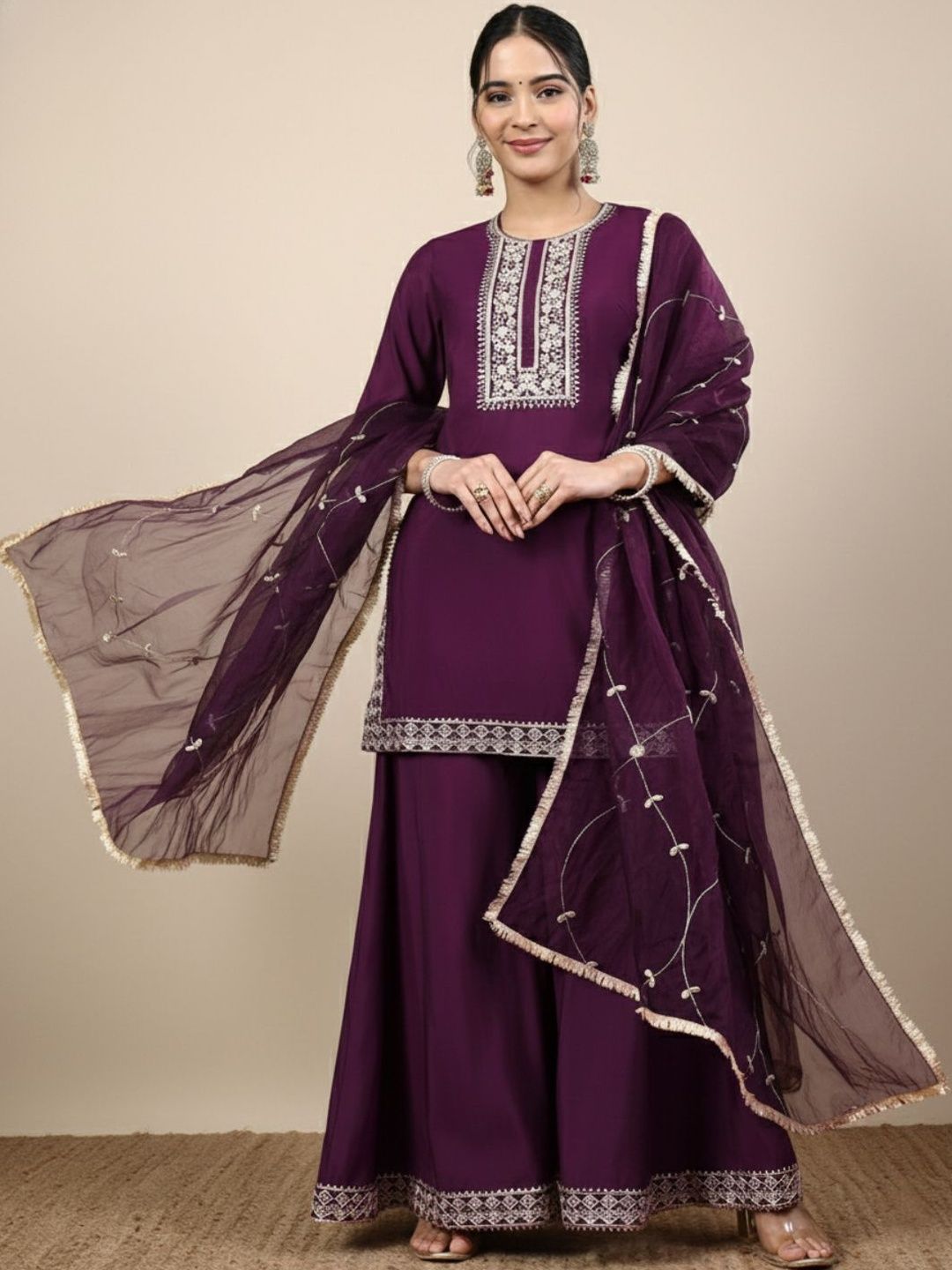 Dhiyona HOP Embroidered Round Neck Straight Kurti & Sharara With Dupatta