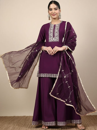 Dhiyona HOP Embroidered Round Neck Straight Kurti & Sharara With Dupatta