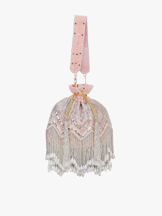 Dhiyona NR Women Peach-Coloured & Silver-Toned Velvet Embellished Potli Clutch