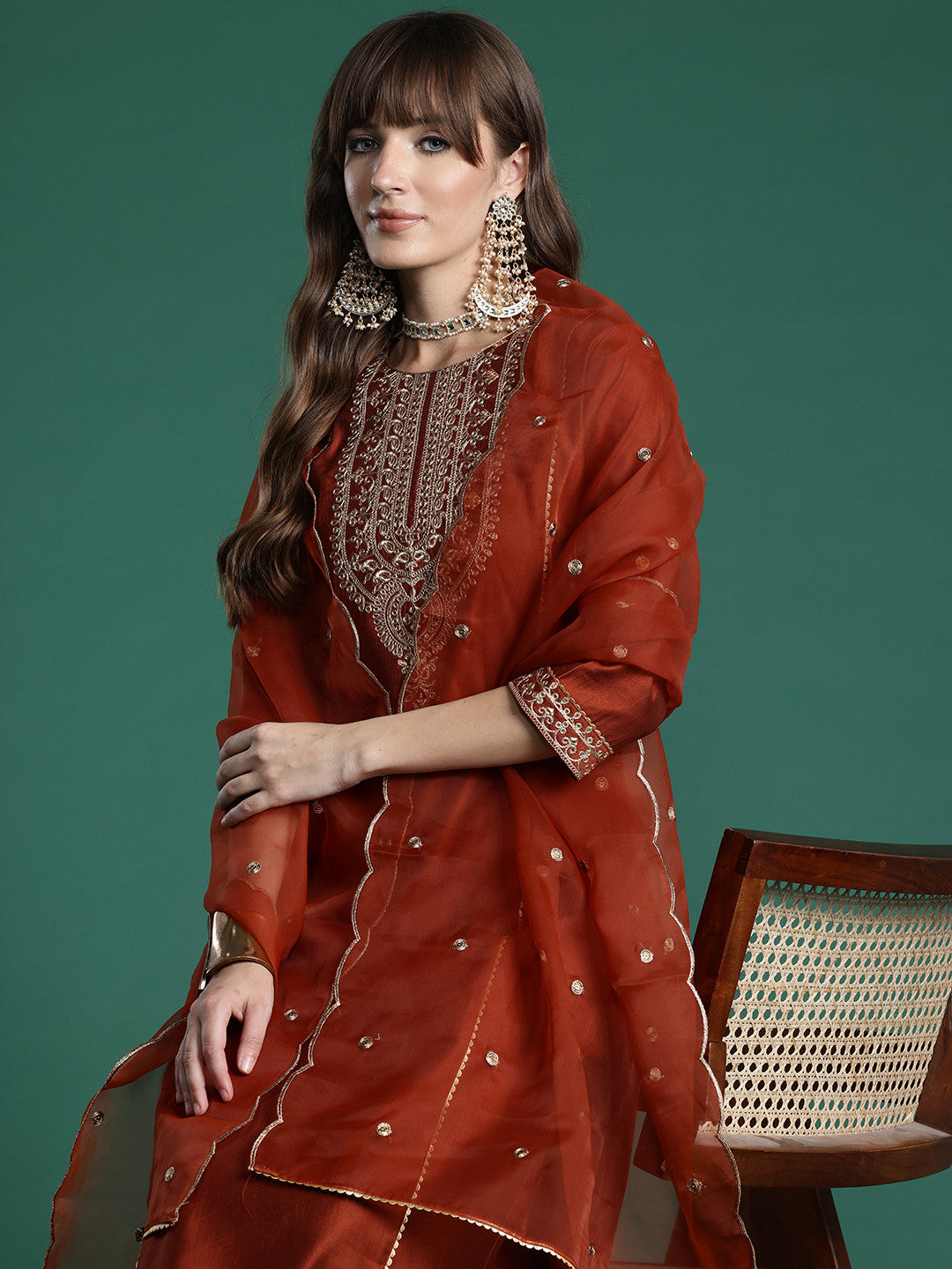 Ethnic Motifs Embroidered Liva Kurta with Trousers & With Dupatta