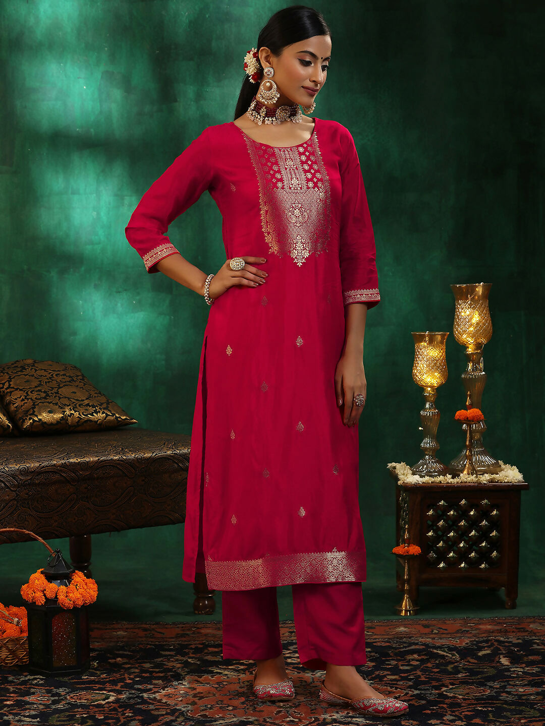 Women's LB Red Woven Design Silk Blend Straight Suit With Dupatta