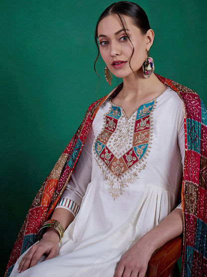 Floral Yoke Embroidered Straight Kurta & Trousers With Dupatta
