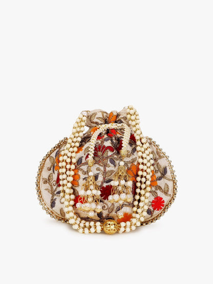 Dhiyona NR Girls Cream-Coloured & Red Floral Embroidered Tasselled Potli Clutch