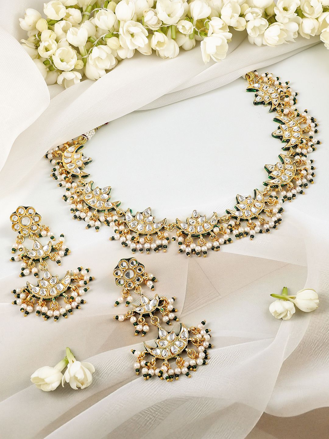 Dhiyona RJ Women's 22K Gold-Plated Kundan Studed Green Border, Pearl Beaded Crescent Moon Necklace Set