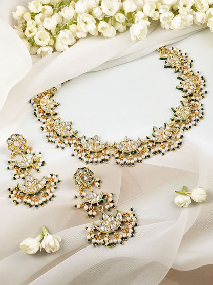 Dhiyona RJ Women's 22K Gold-Plated Kundan Studed Green Border, Pearl Beaded Crescent Moon Necklace Set