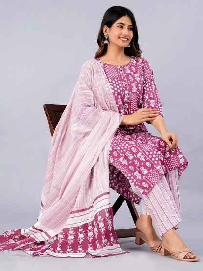 Dhiyona KL Ethnic Motifs Printed Pure Cotton Kurta With Palazzo & With Dupatta