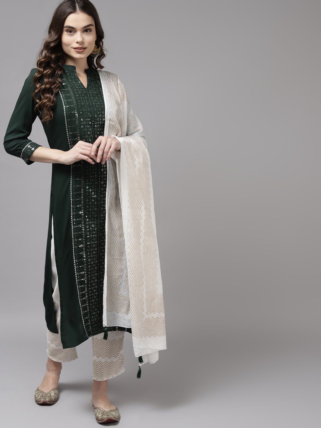 Women Green & White Embroidered Kurta with Trousers & Dupatta