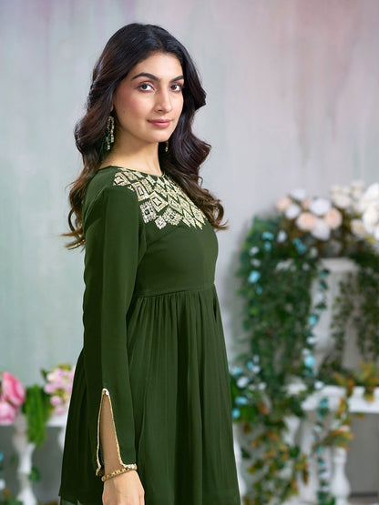 Dhiyona CH Floral Embroidered Pleated A-Line Georgette Embroidered Kurta With Sharara