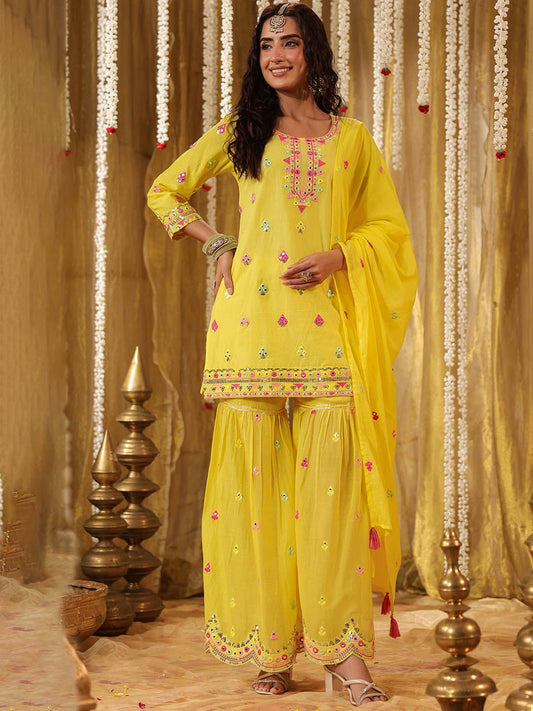 Dhiyona SC Ethnic Motifs Embroidered Pure Cotton Straight Kurta & Sharara With Dupatta