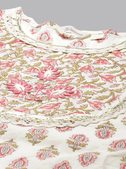 Dhiyona KL Ethnic Motifs Printed Thread Work Pure Cotton Kurta & Trousers With Dupatta