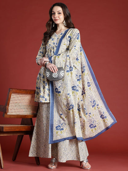 Dhiyona IE Floral Printed Empire Pure Cotton Kurta with Sharara & With Dupatta