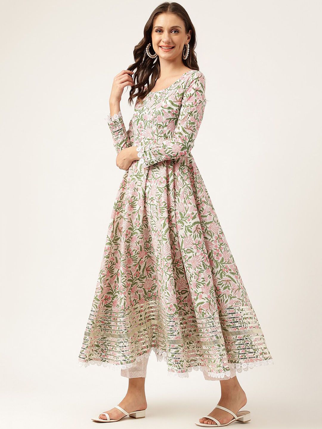 Dhiyona KL Floral Printed Pure Cotton Anarkali Kurta & Trousers With Dupatta