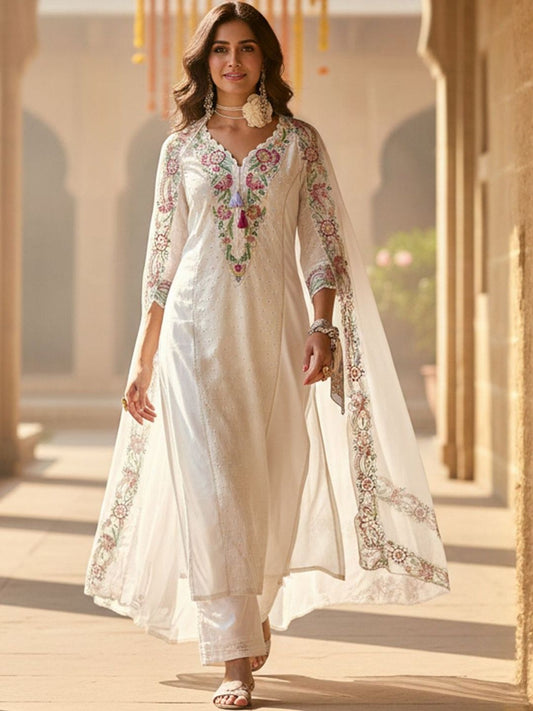Floral Embroidered Thread Work Pure Cotton Straight Kurta With Trousers & Dupatta