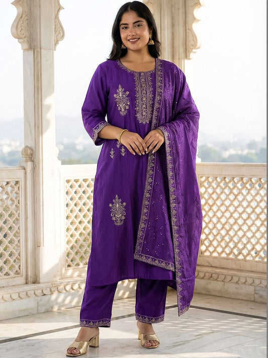Dhiyona Women's Ethnic Motifs Embroidered Regular Thread Work Kurta with Trousers & With Dupatta