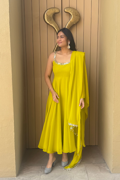 Dhiyona ST 3 pc Suit Set -Lime Green Mirror Edge Georgette Sleeveless Anarkali with Dupatta and Pants