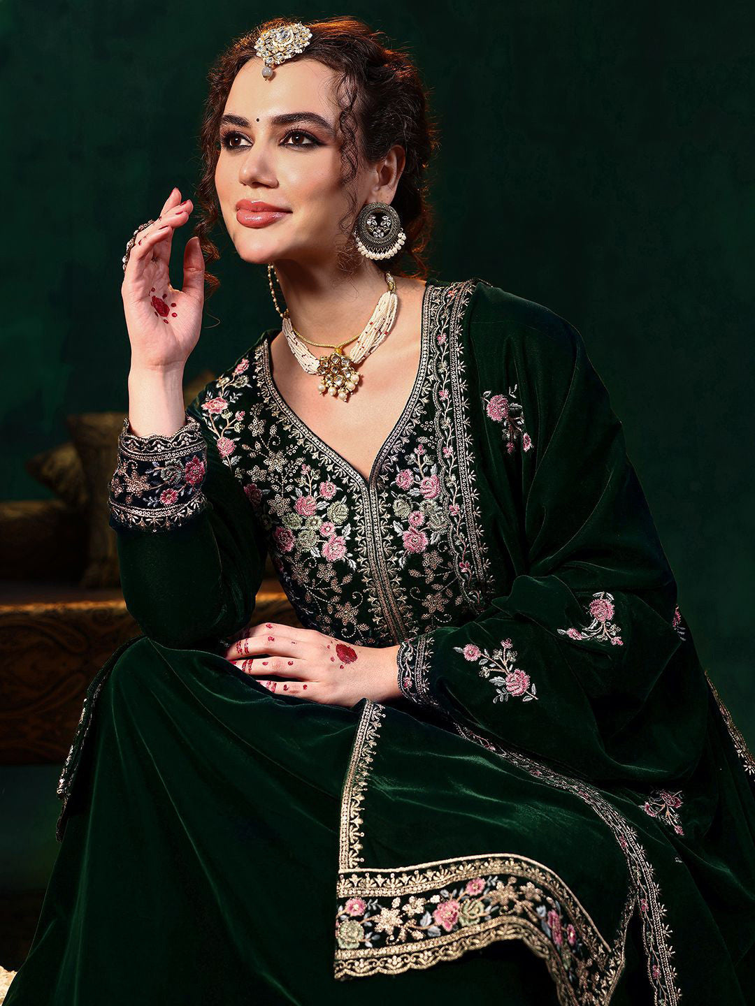Green Floral Embroidered Panelled Velvet Kurta with Skirt & Dupatta