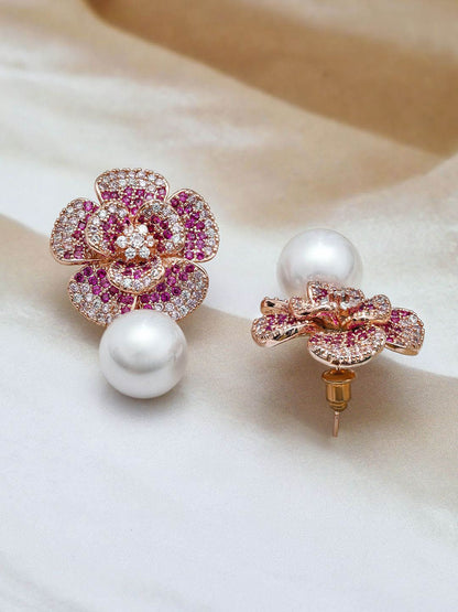 Dhiyona RJ Women's 22K Rose Gold-Plated RubyPink AD & Cubic Zirconia Studded Floral Pearl Drop Earring