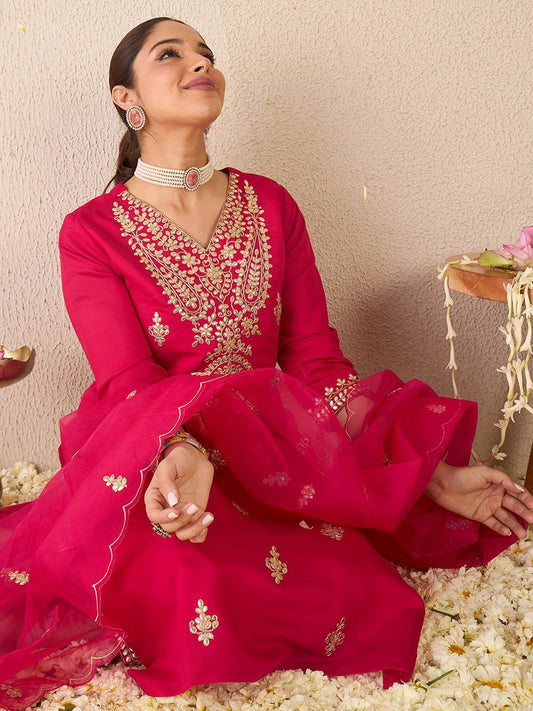 Embroidered Gotta Patti Work V Neck Kurta With Trousers & Dupatta