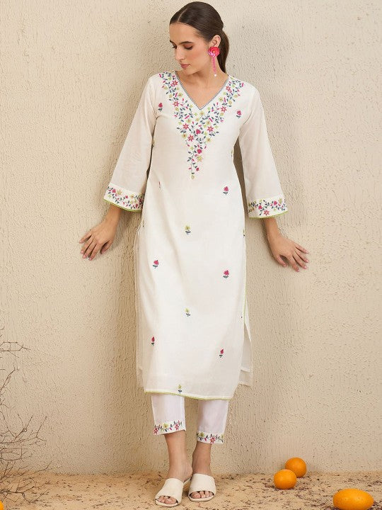 Women's Floral Embroidered Pure Cotton Kurta With Trousers & Dupatta