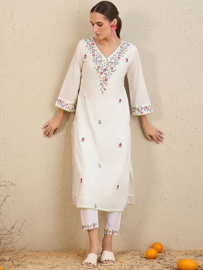 Dhiyona IE Floral Embroidered Pure Cotton Kurta With Trousers & Dupatta