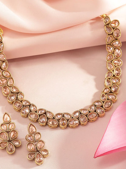 Dhiyona RJ Women's 22K Gold-Plated Kundan Stone Studded Necklace Set with Teardrop Shaped Earrings