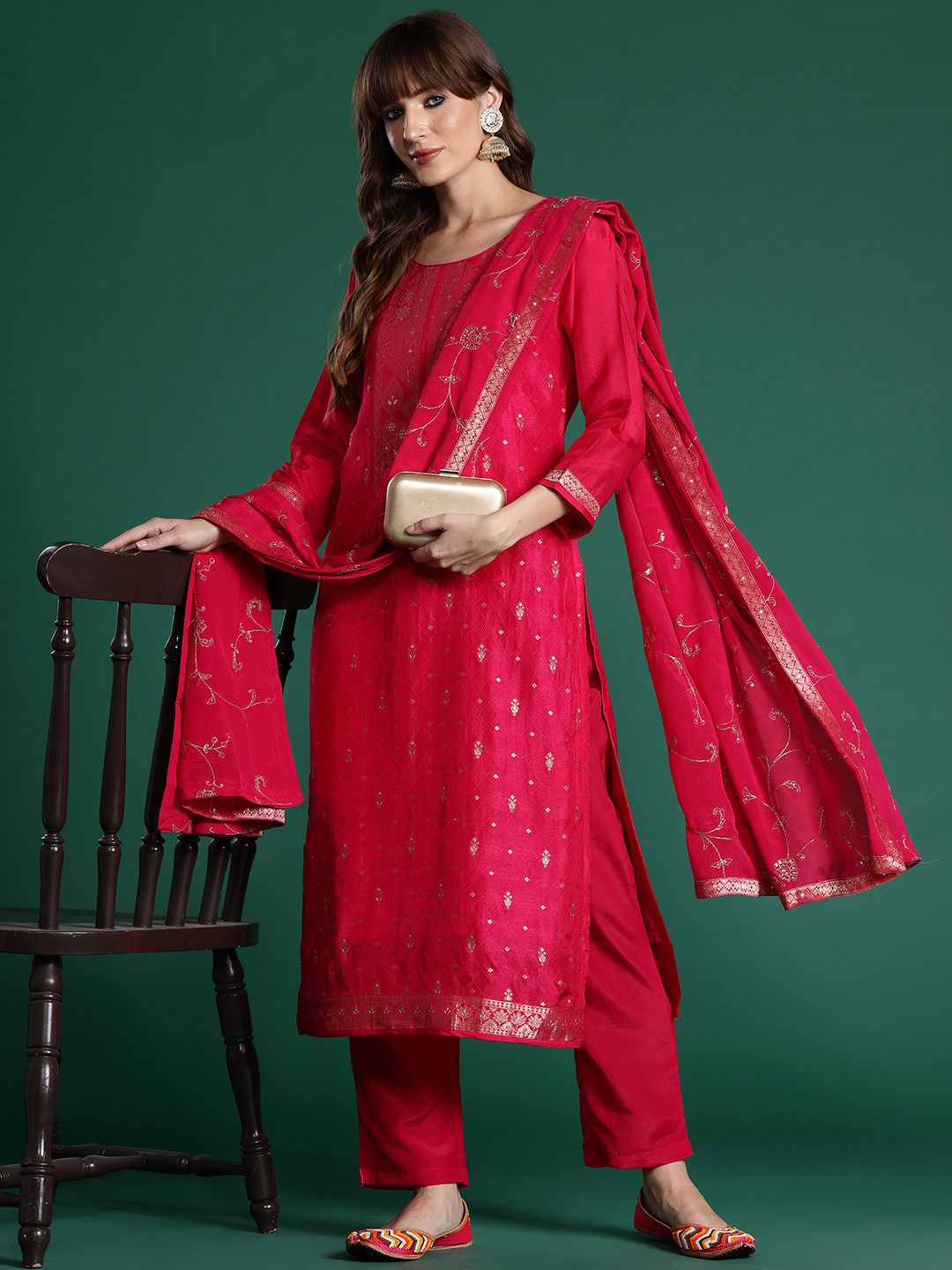 Dhiyona IE Ethnic Motifs Woven Design Zari Kurta with Trousers & With Dupatta