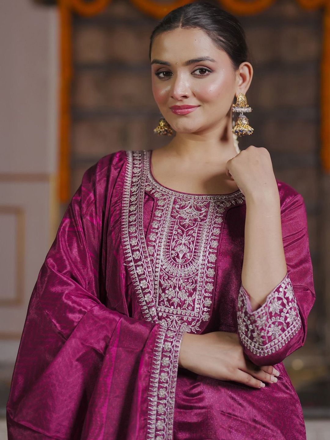 Dhiyona IE Women Embroidered Regular Sequinned Kurta with Trousers & With Dupatta