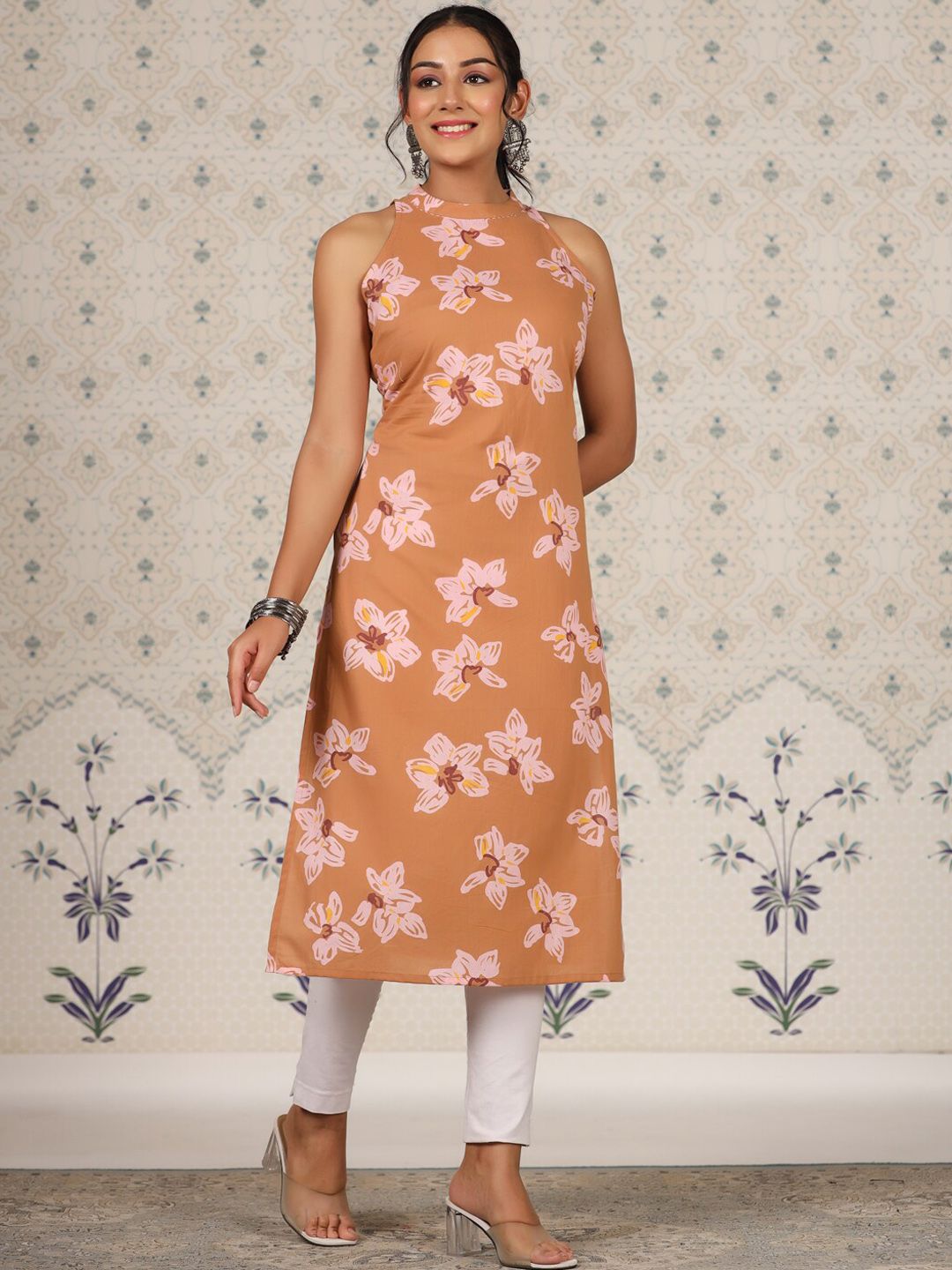 Dhiyona OD  Floral Printed Sleeveless Pure Cotton Straight Kurta