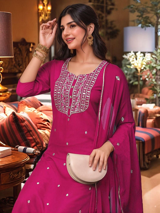 Dhiyona KL Women Pink Rayon Blend Printed Embroidered Straight Kurta Set With Dupatta