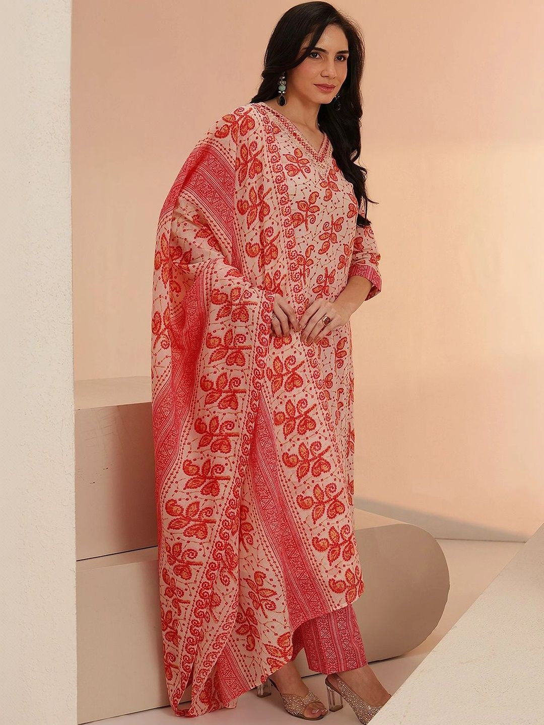 Off White Floral Printed Cotton Straight Suit Set