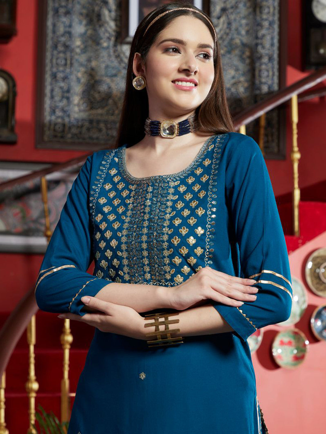 Teal Ethnic Motifs Embroidered Gotta Patti Straight Kurta & Trouser With Dupatta