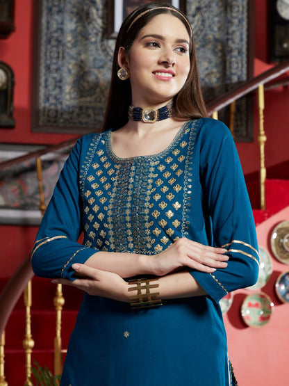 Teal Ethnic Motifs Embroidered Gotta Patti Straight Kurta & Trouser With Dupatta