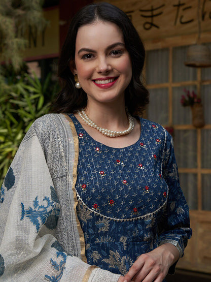 Dhiyona SN Women's Blue Printed Gotta Patti Pure Cotton Empire A-Line Kurta with Trousers & Dupatta